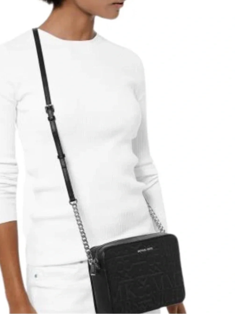 NWOT Michael Kors Black Neoprene Large Embossed Logo Crossbody Bag Silver Chain